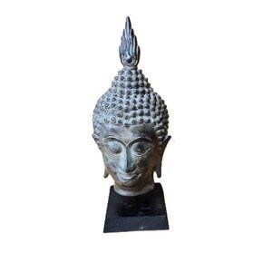 Vintage Bronze Buddha Head on Wood Base 11" Thai Style Natural Patina Wabi Sabi